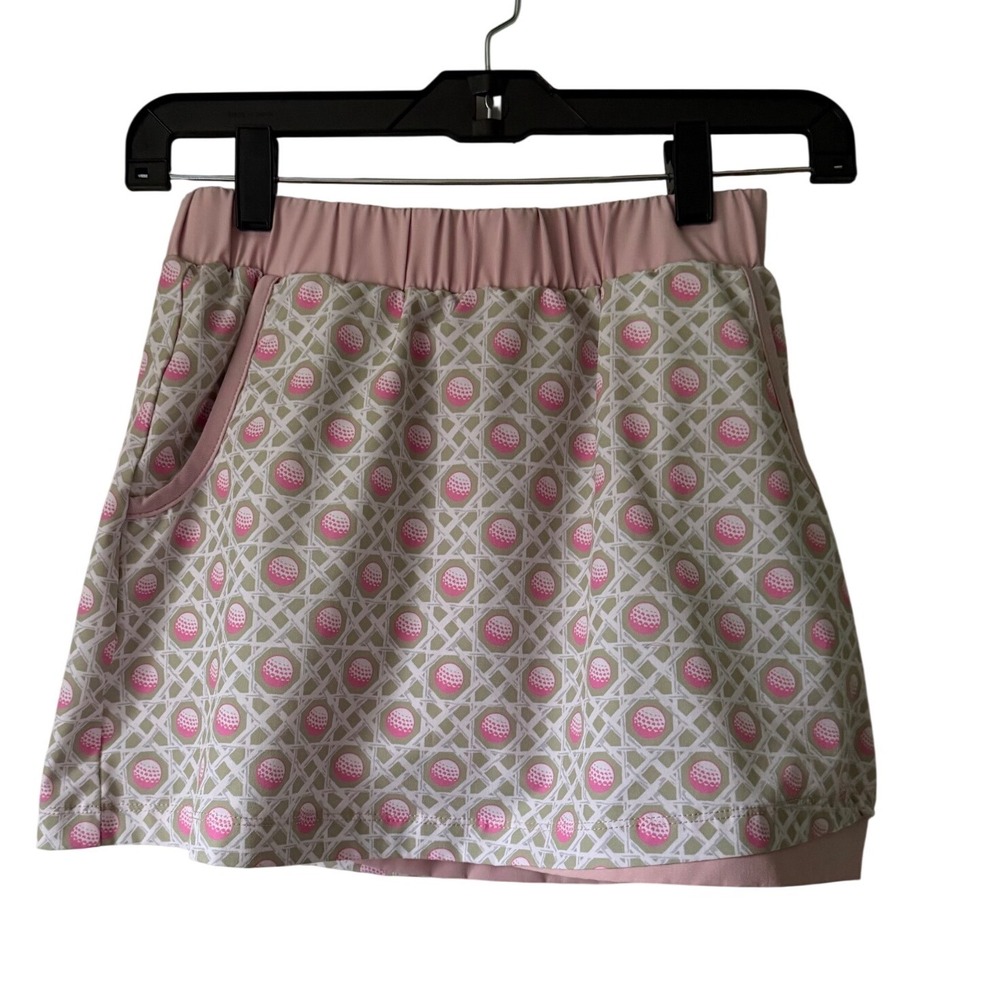 Turtles & Tees Golf Skort Girls Large Pink Grey Golf Ball Print Excellent Active